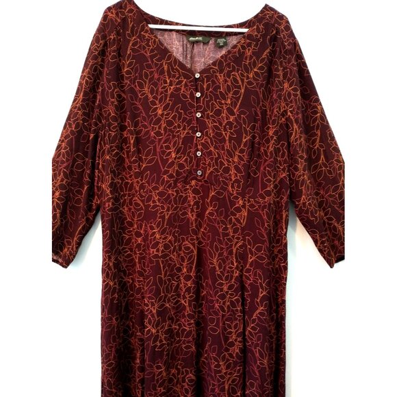 Eddie Bauer Maxi Dress Leaf Print V-Neck 3/4 Sleeves Button Bodice - XXL Tall - Picture 2 of 10